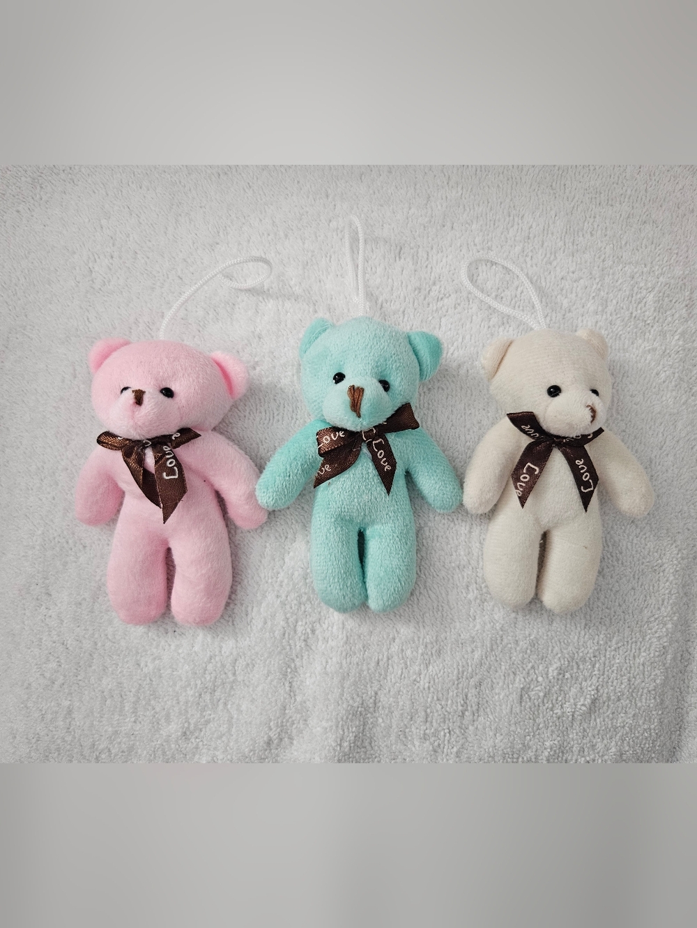 Set of 3 Small Plush Bears Pink Teal White Love Ribbon 4" - One Broken Loop